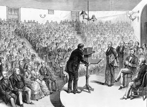 Alexander Graham Bell demonstrating the telephone