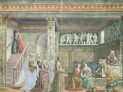 The Birth of the Virgin, fresco by Domenico Ghirlandaio, 1486–90; in the choir of Santa Maria Novella, Florence.