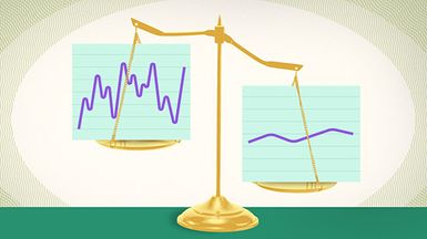VWAP, photo illustration image: Volatile vs. stable charts balanced on scale.