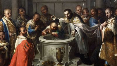 Saint Francis Xavier baptizing the infidels by an unknown painter, 18th century; in the collection of the Museo Nacional de Arte, Mexico City, Mexico.