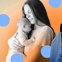 Family and Medical Leave Act, photo illustration image: Mother and newborn juxtaposed with office space and office workers.