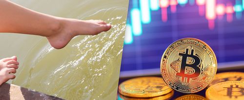 Cryptocurrency Stocks, composite image: toe testing water and bitcoin stock imagery