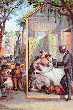 Illustration from Harriet Beecher Stowe's Uncle Tom's Cabin that depicts Eva's death, c. 1870.