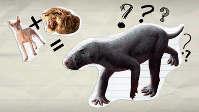 Collage showing a dog plus a saber-toothed cat equaling a prehistoric, quadrupedal creature with thick limbs and dark, hairless skin.