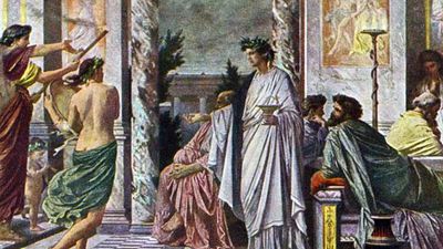 Agathon (centre) greeting guests in "Plato's Symposium" oil on canvas by Anselm Feuerbach, 1869; in the Staatliche Kunsthalle, Karlsruhe, Germany.