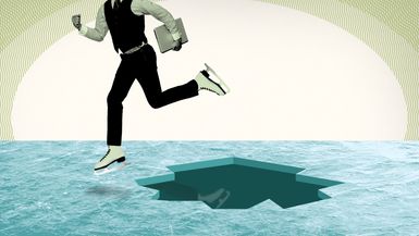 Ice-skating businessman leaping over hole in the ice.