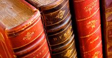 Books. Lord Alfred Tennyson. Lord Byron. Poetry. Reading. Literacy. Library. Bookshelf. Antique. Four antique leather bound books.