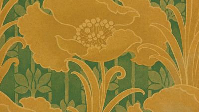 Art Nouveau wall covering of poppies by Albert Ainsworth of machine printed on oatmeal paper made in Hackensack, New Jersey, c. 1905.