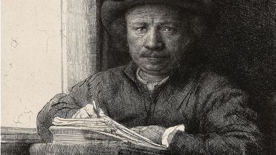 "Self-Portrait Etching at a Window" etching (drypoint and burin in black on ivory laid paper) by Rembrandt van Rijn, 1648; in the collection of the Art Institute of Chicago.